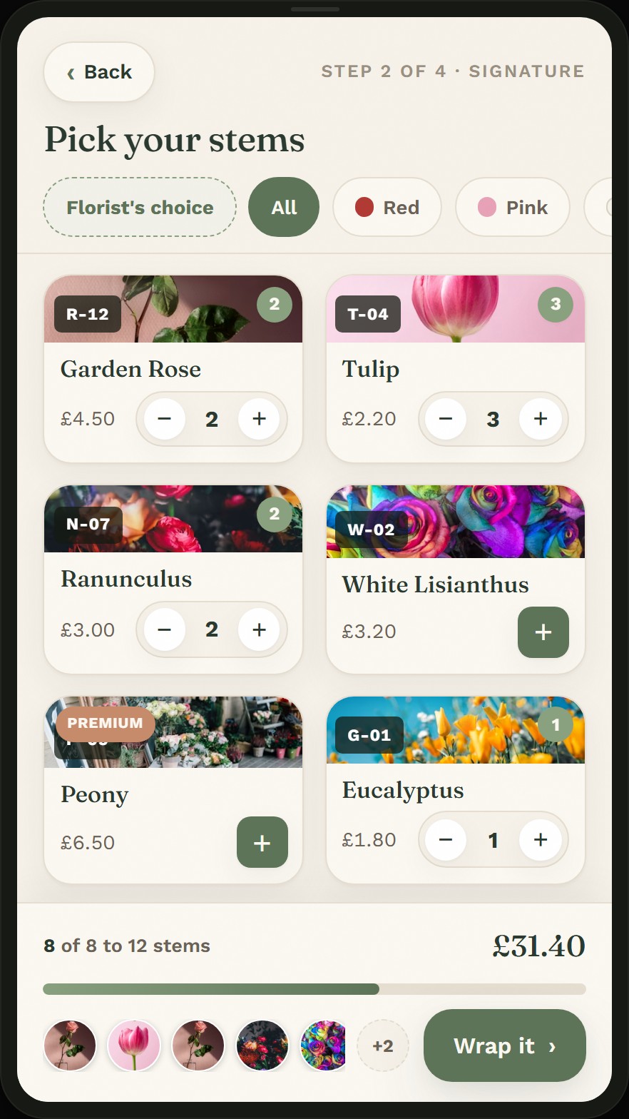 Florist kiosk screen for picking stems: step two of four, colour filter chips, a grid of flower cards with quantity steppers, a stem count meter reading 8 of 8 to 12, running total and a gather tray of selected stems