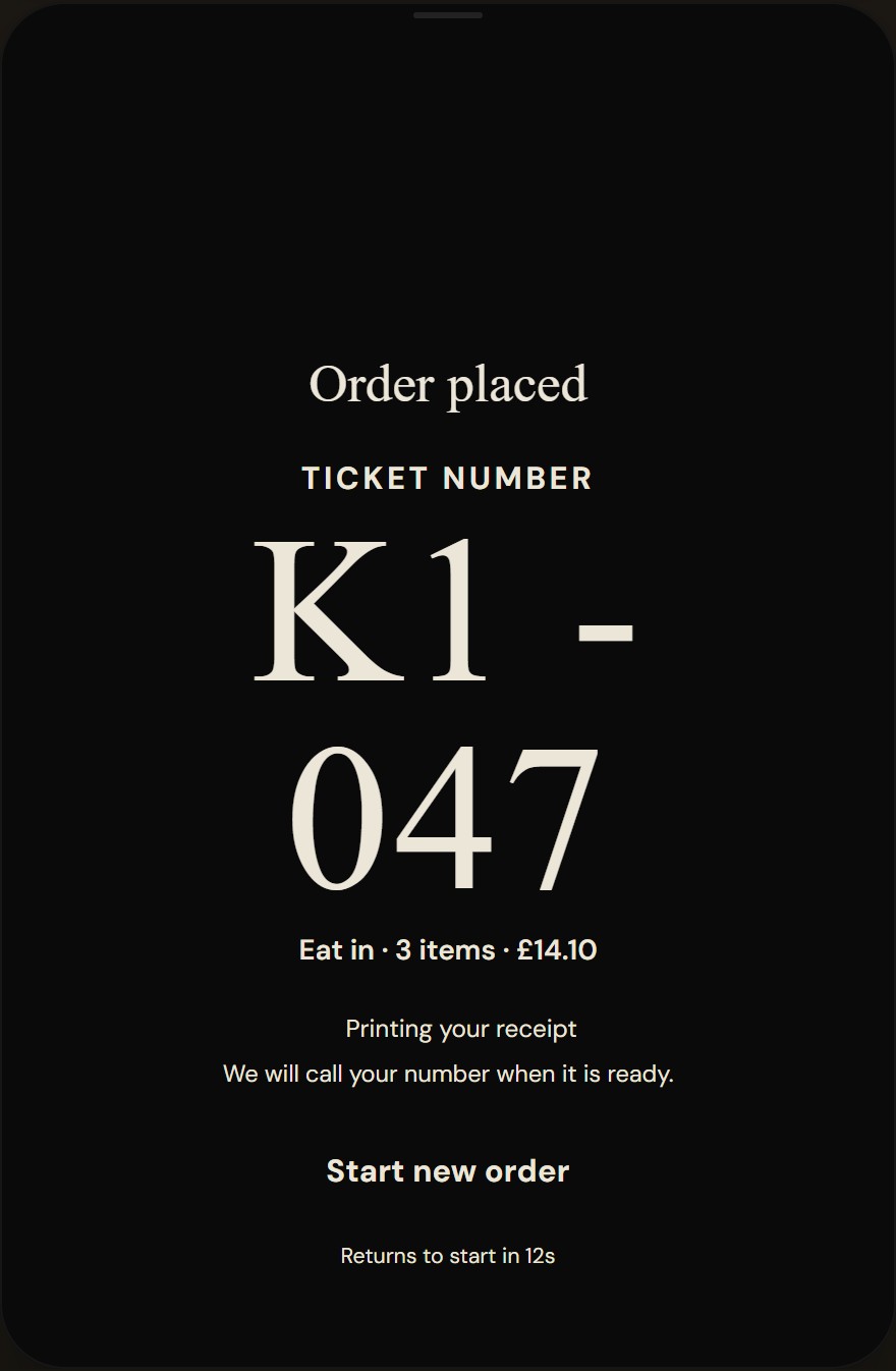 Kiosk confirmation screen: order placed, a large collection number, order summary, receipt printing note and a start new order button
