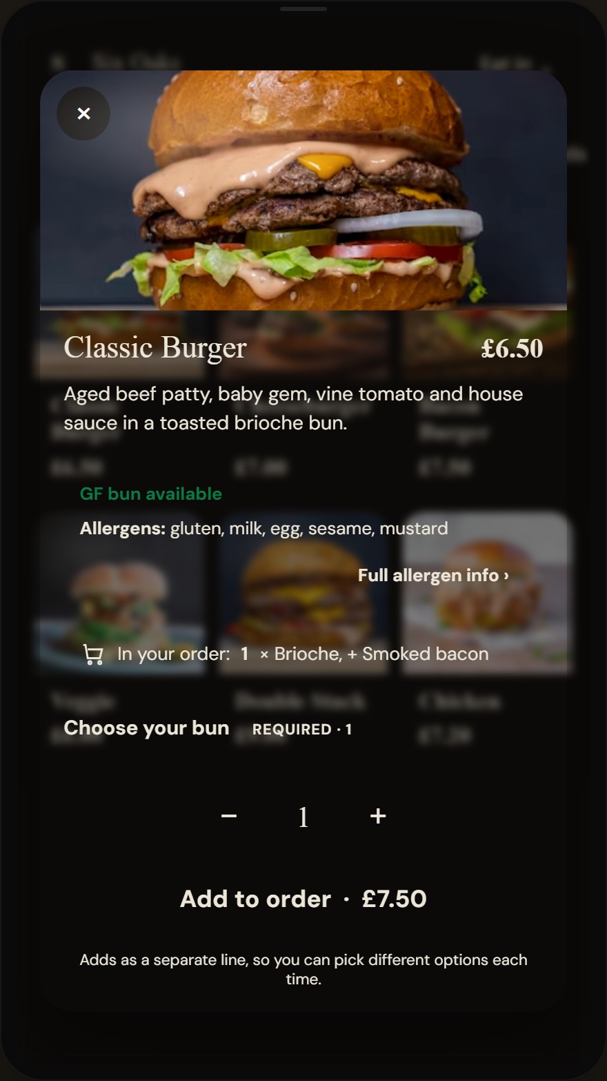 Kiosk item dialog: large photo, description, allergen panel with full allergen info link, a required choice group, quantity stepper and an Add to order button showing the live price