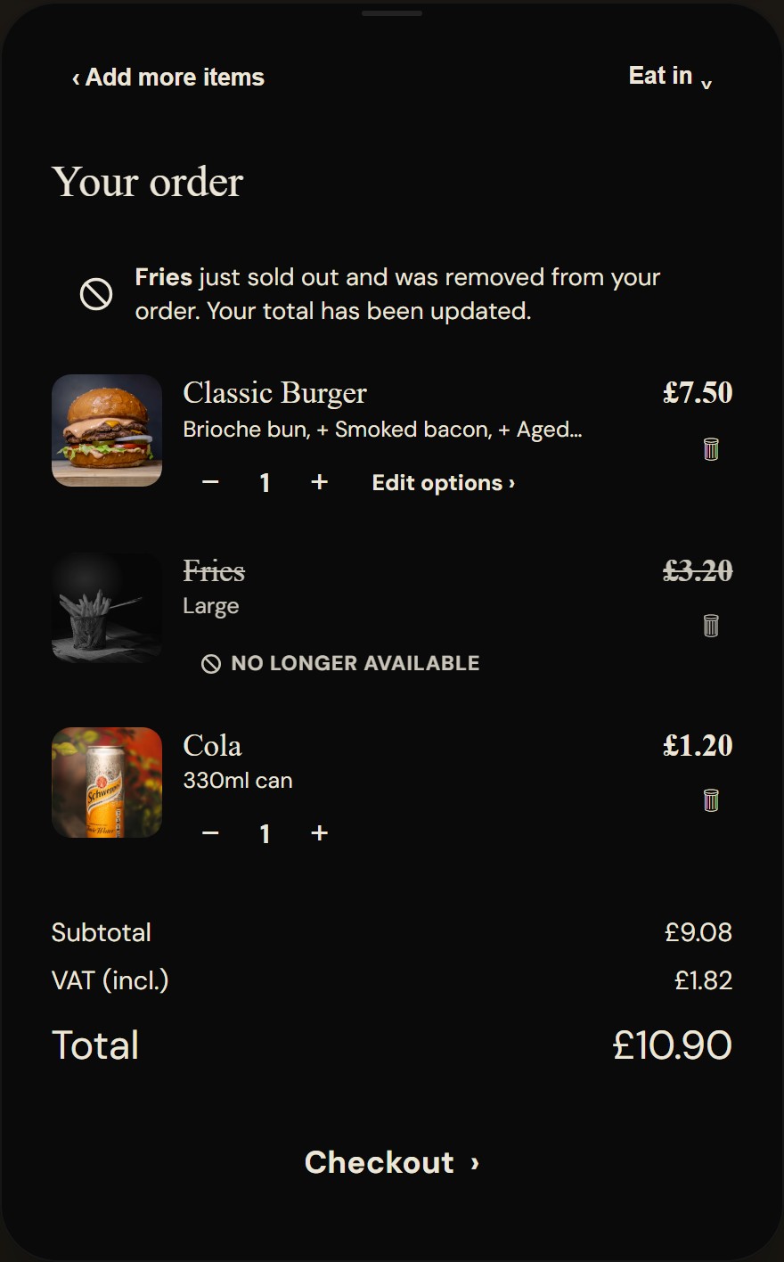 Kiosk review screen where an item has just sold out: a banner explains the removal, the line is greyed out and struck through with a no longer available tag, and the total has been updated