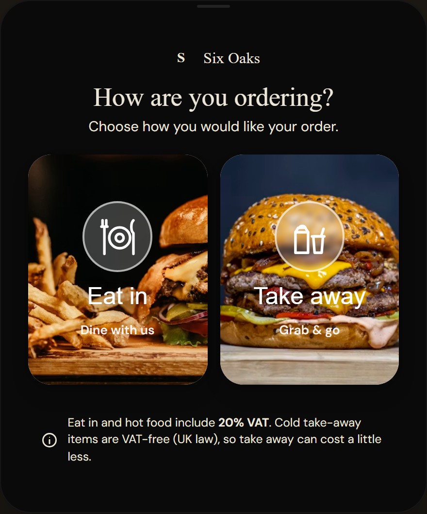 Kiosk service mode screen with two large photographic cards, Eat in and Take away, and a plain-English VAT note underneath