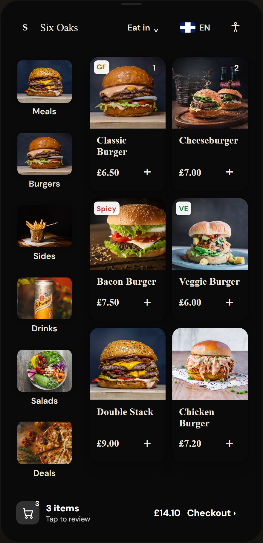 Kiosk browse screen with a vertical image category side rail on the left (Meals, Burgers, Sides, Drinks, Salads, Deals) and a two-column product grid on the right