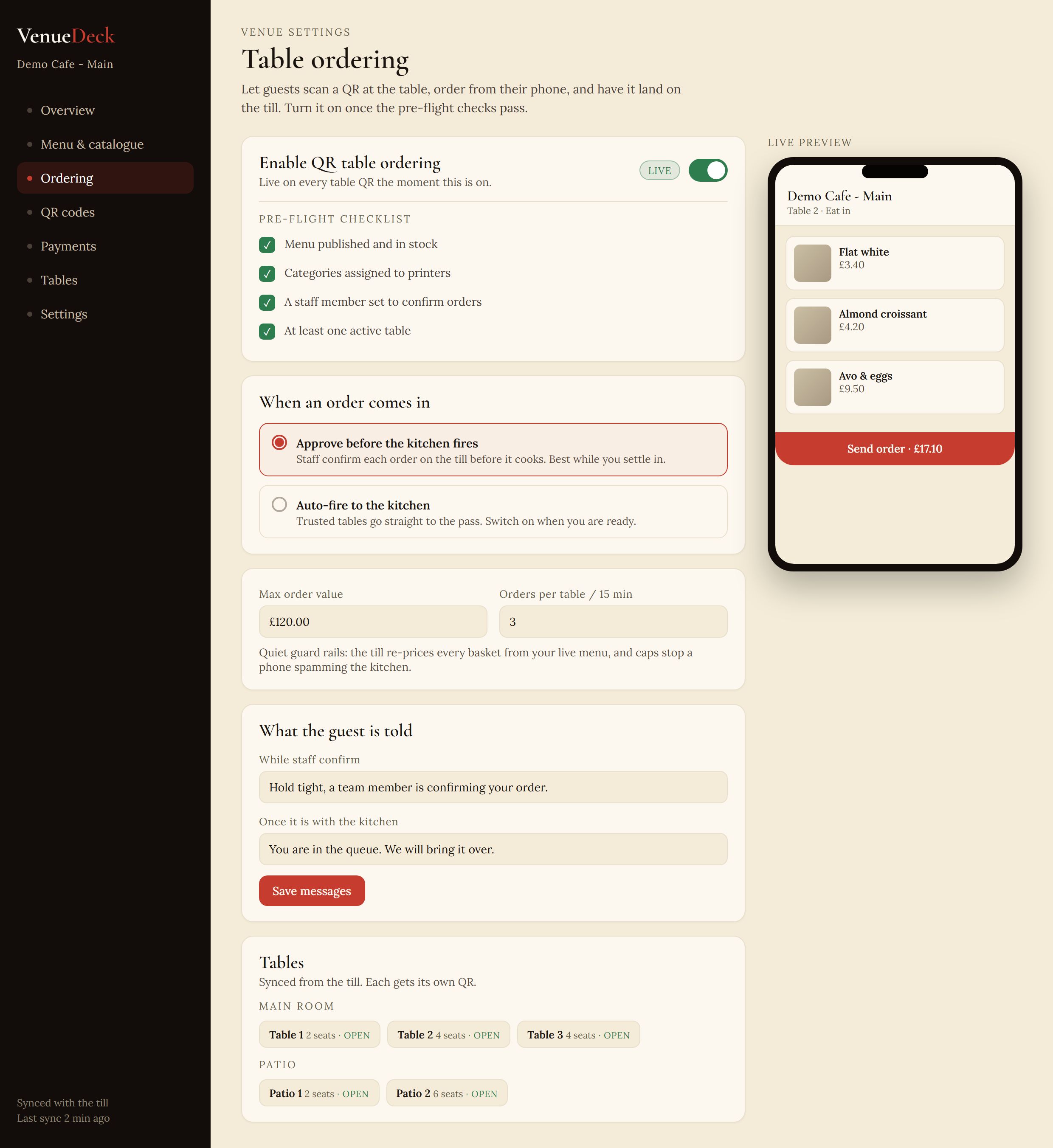 Admin Ordering tab: an Enable QR table ordering toggle with a pre-flight checklist, an approve-before-fire vs auto-fire choice, order value and rate limits, editable guest status messages, a tables list grouped by area, and a live preview phone