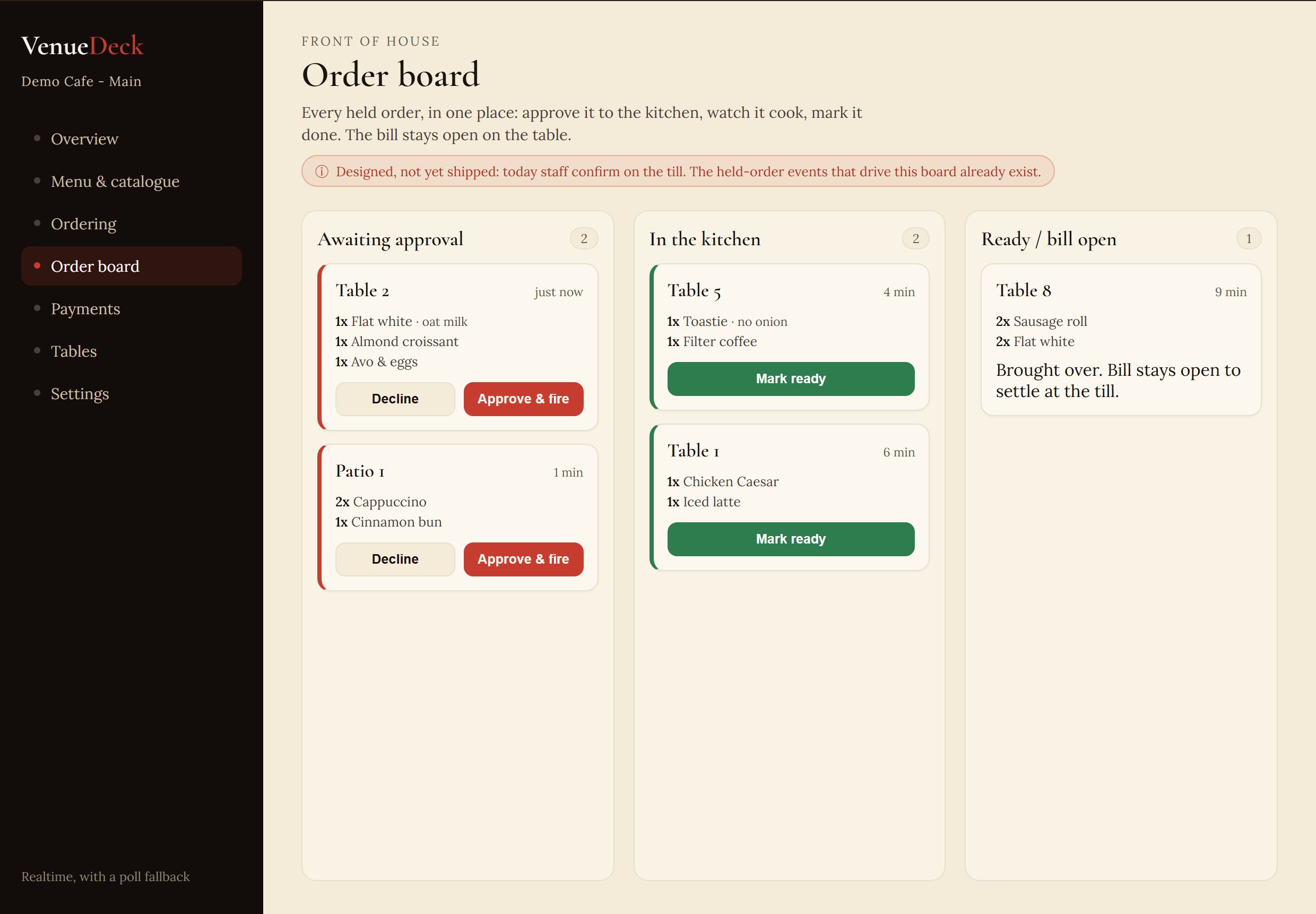 Designed kitchen order board in three lanes: awaiting approval (with approve and fire actions), in the kitchen (with mark ready), and ready with the bill open, each ticket showing its table and items; a notice states it is designed and not yet shipped