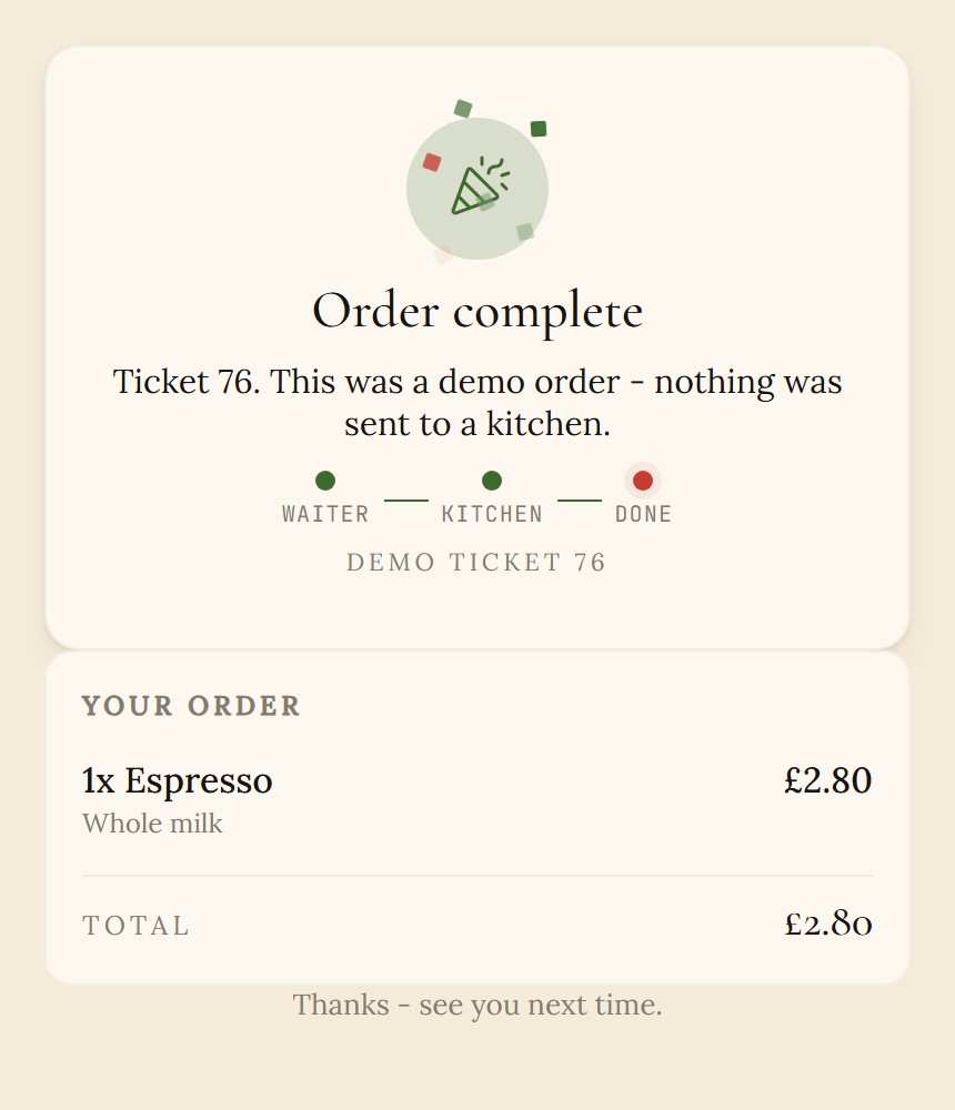 Order complete screen with a waiter to kitchen to done status track, a demo ticket number, the order summary line and total