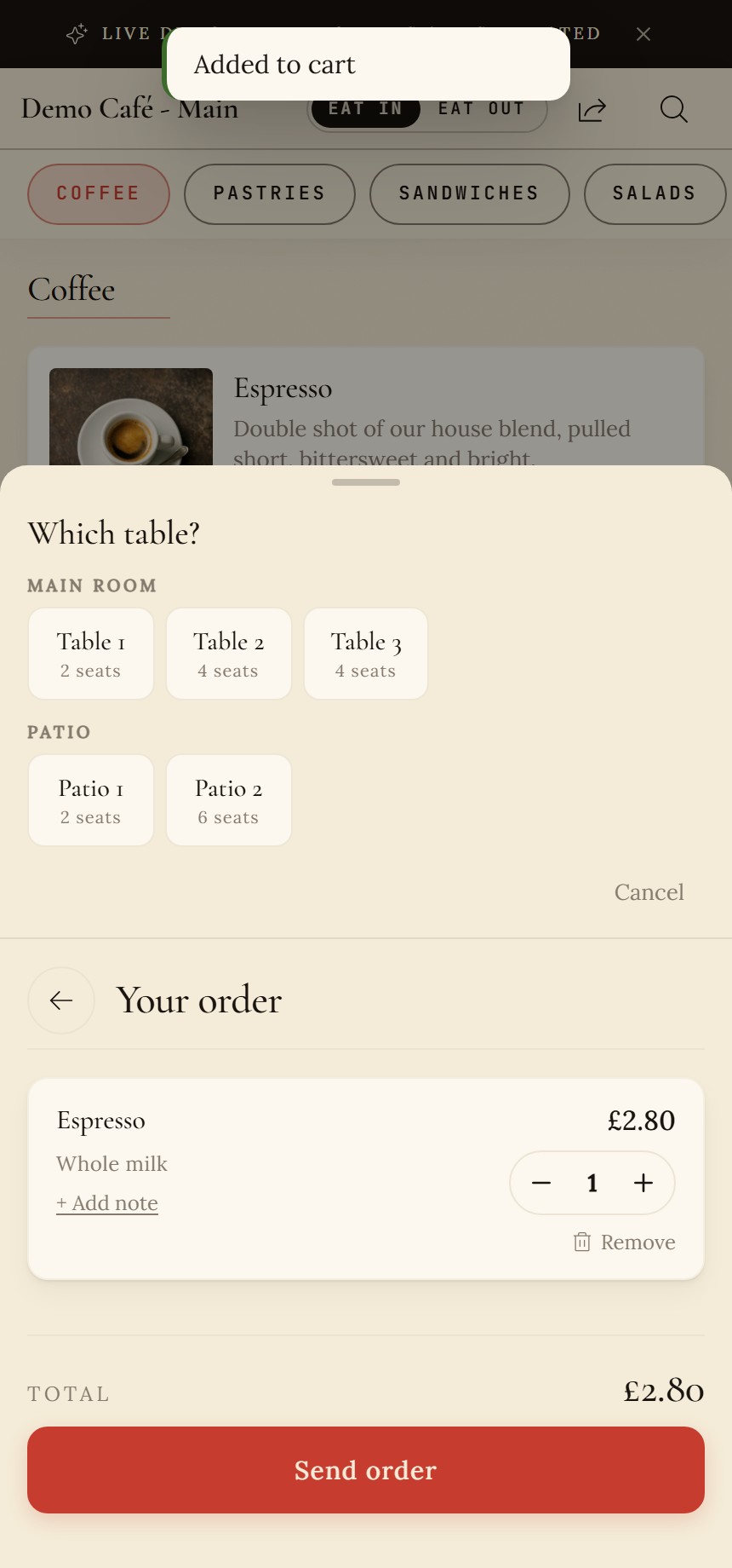 Cart sheet over the menu: a Which table? picker grouped into Main room (Table 1, 2, 3) and Patio (Patio 1, 2) with seat counts, then the order line, a running total and a Send order button