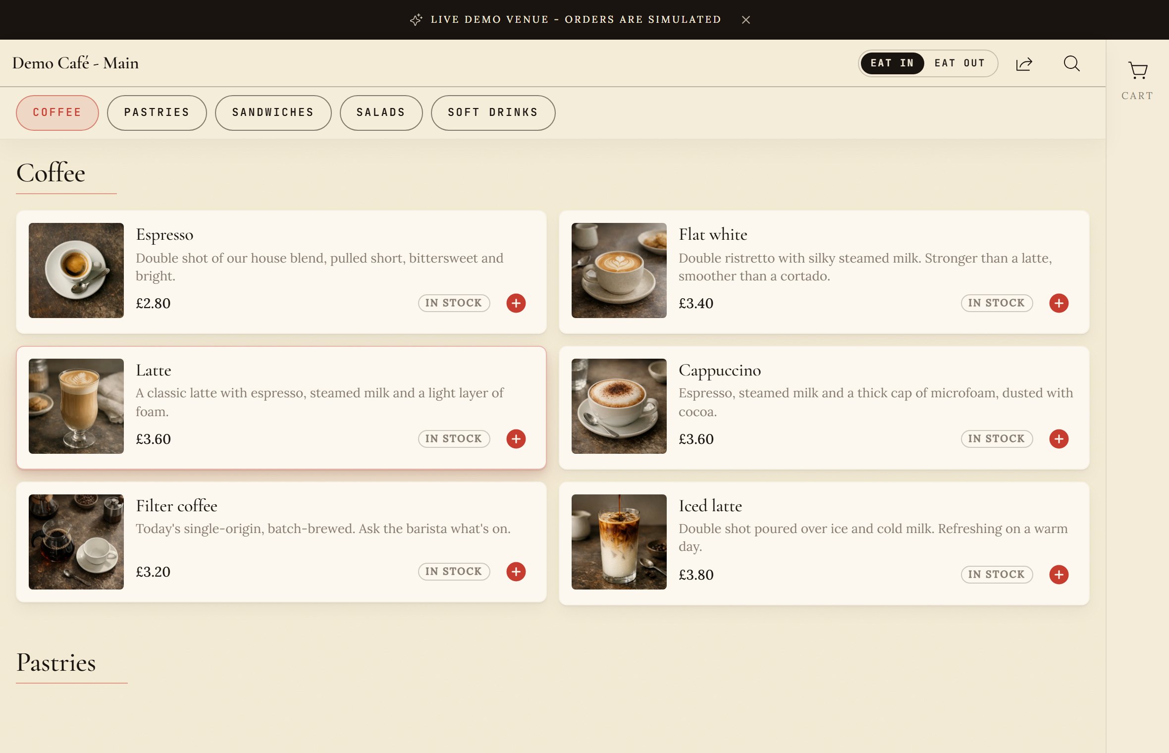 Preview of the Demo Cafe - Main live customer menu