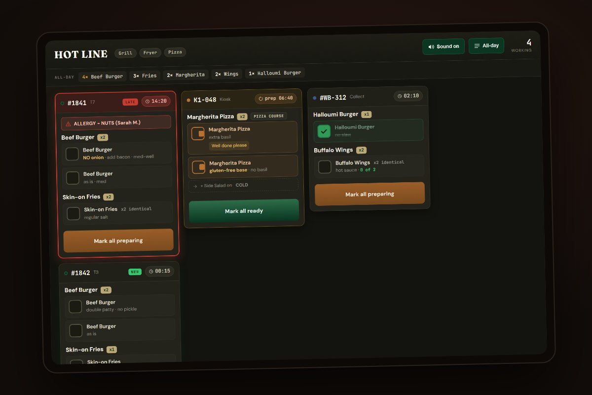 A dark kitchen display with order tickets and mark-ready actions