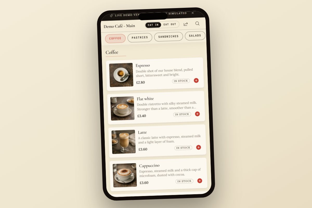 The customer menu on a phone: photographic product cards with prices
