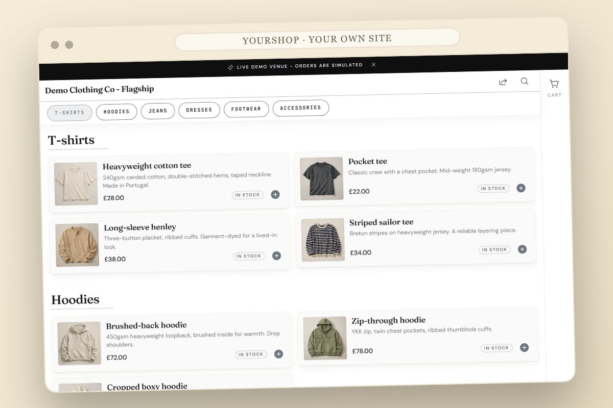 The venue menu open in a desktop browser with online payment