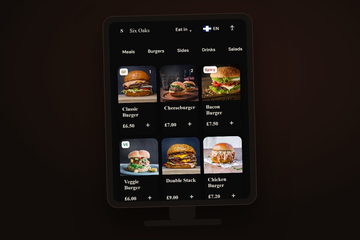 The self-checkout kiosk browse screen with photographic product cards