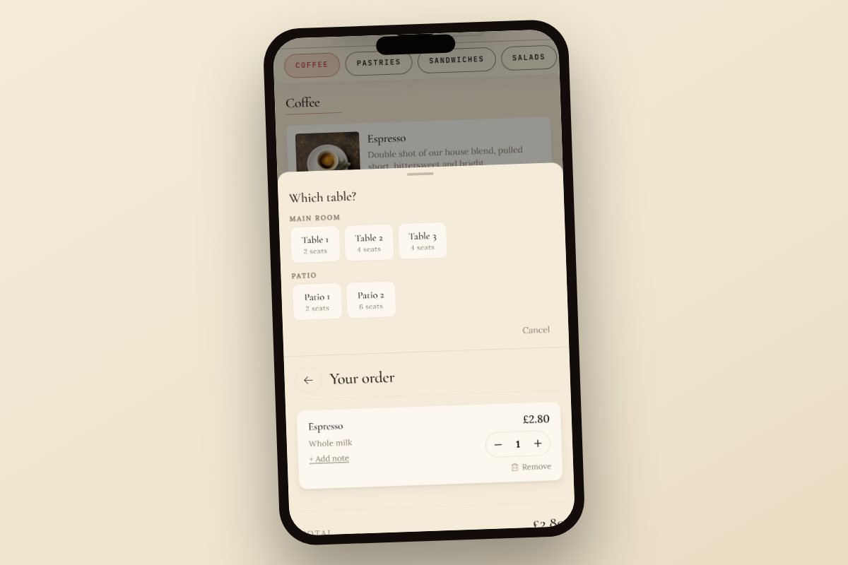 The cart sheet with the table picker on the customer phone