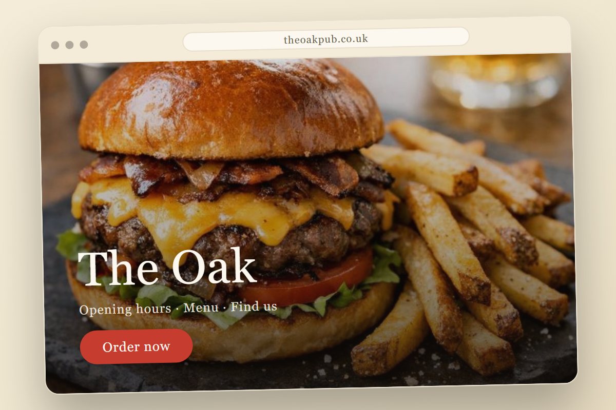 A venue website in a browser window: hero photo, opening hours and an order button